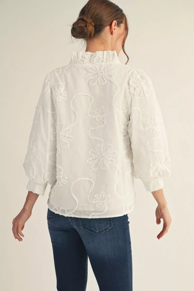 White 3D Floral Ruffle Button Down Top