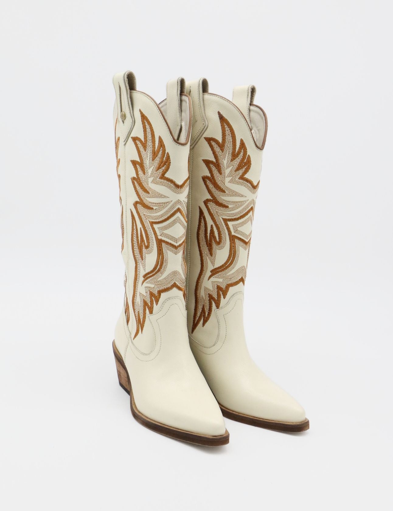 Ivory Leather Cowgirl Boots w/ Brown Embroidery