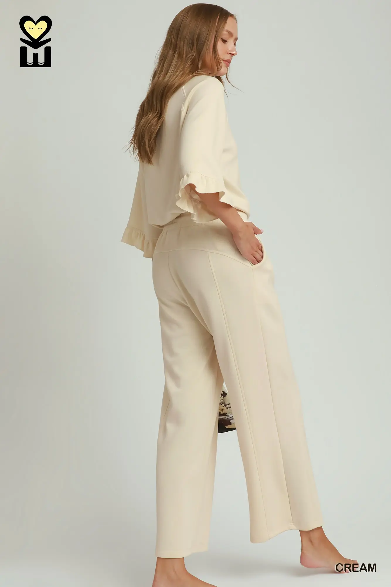 Cream LuxeKnit Ruffle Sleeve Top & Wide Leg Pants Set