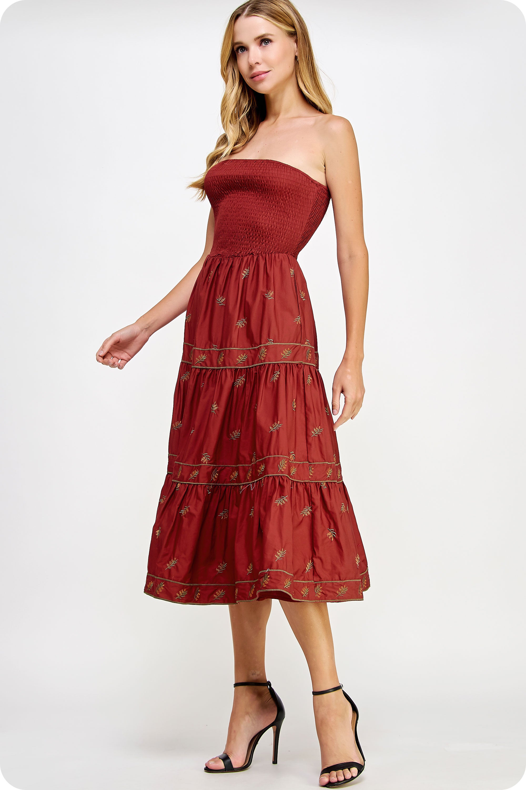 Brick Multi Floral Embroidered Tube Mide Dress