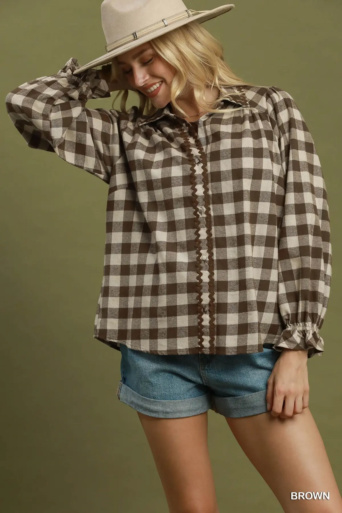 Brown & Cream Gingham Charm Ric-Rac Trim Blouse