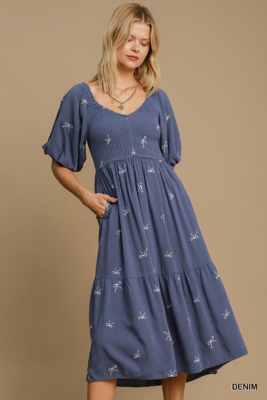 Blue Linen Blend Tiered Ribbon Embroidered Dress