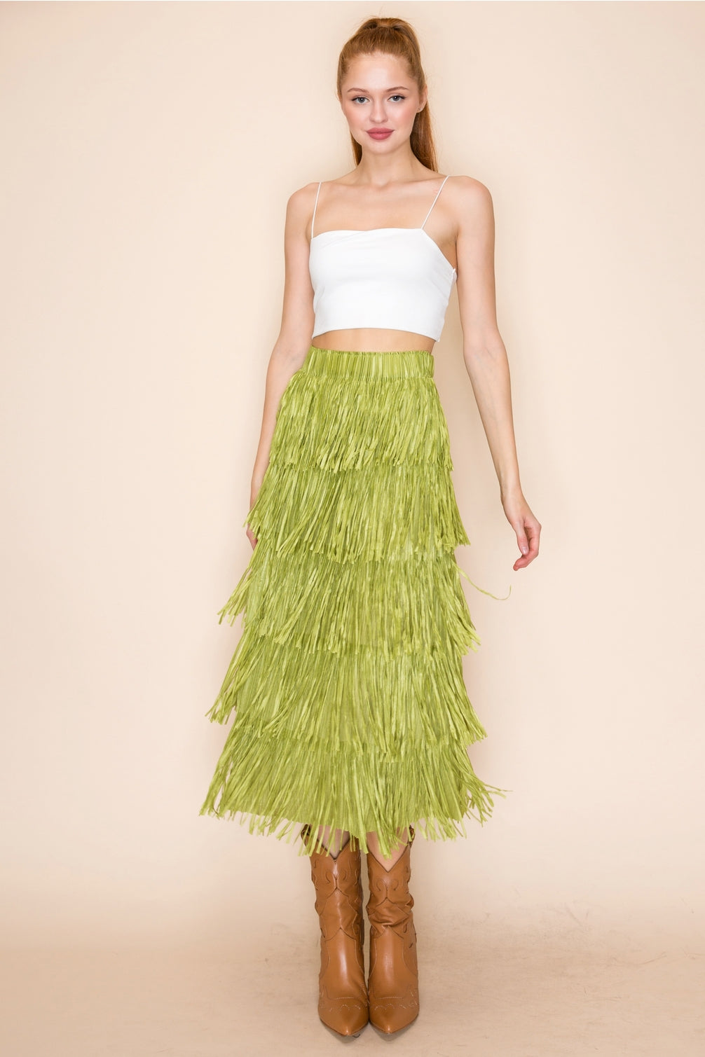 Lime Green All Over Fringe Skirt