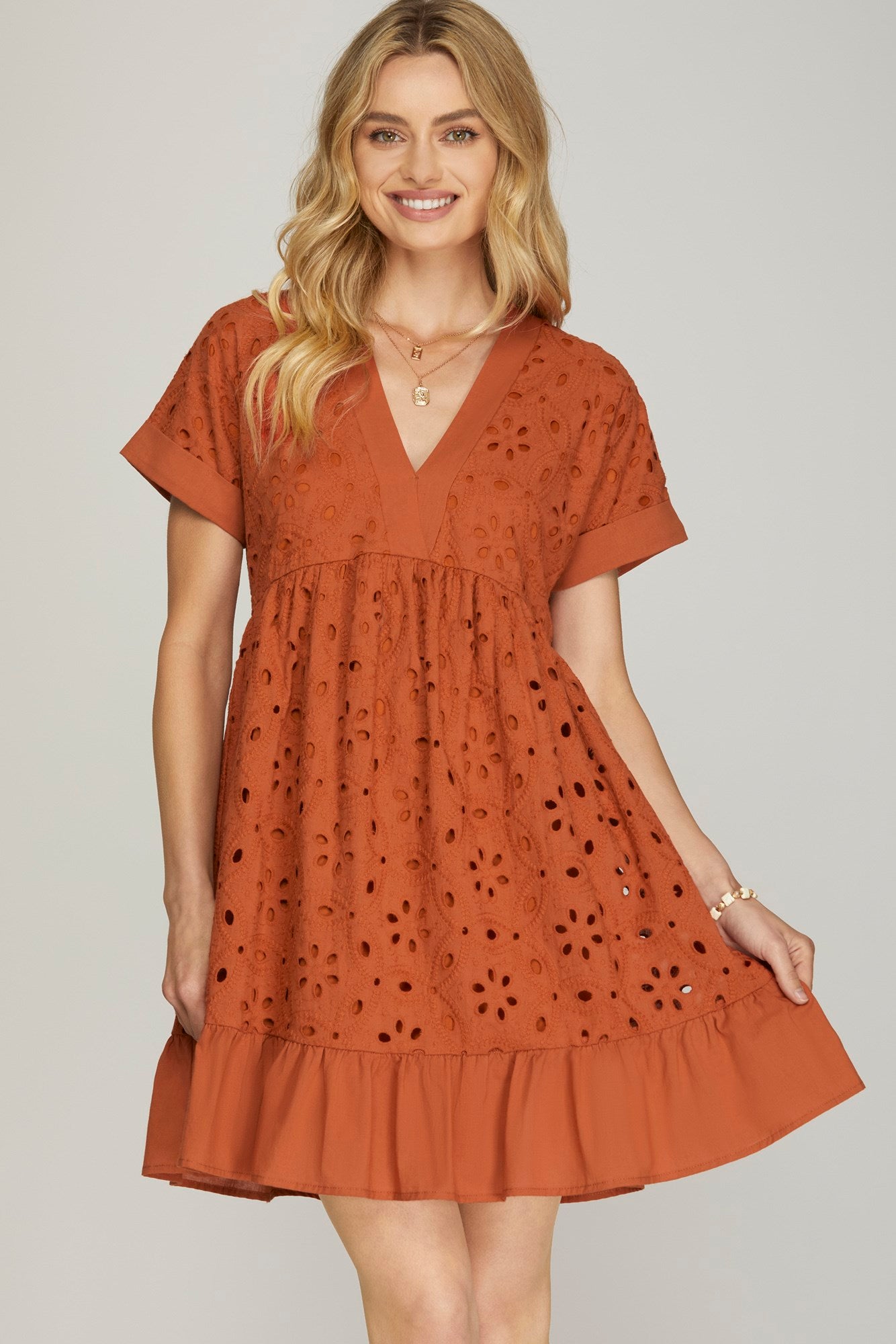 Rust Eyelet V-Neck Dress