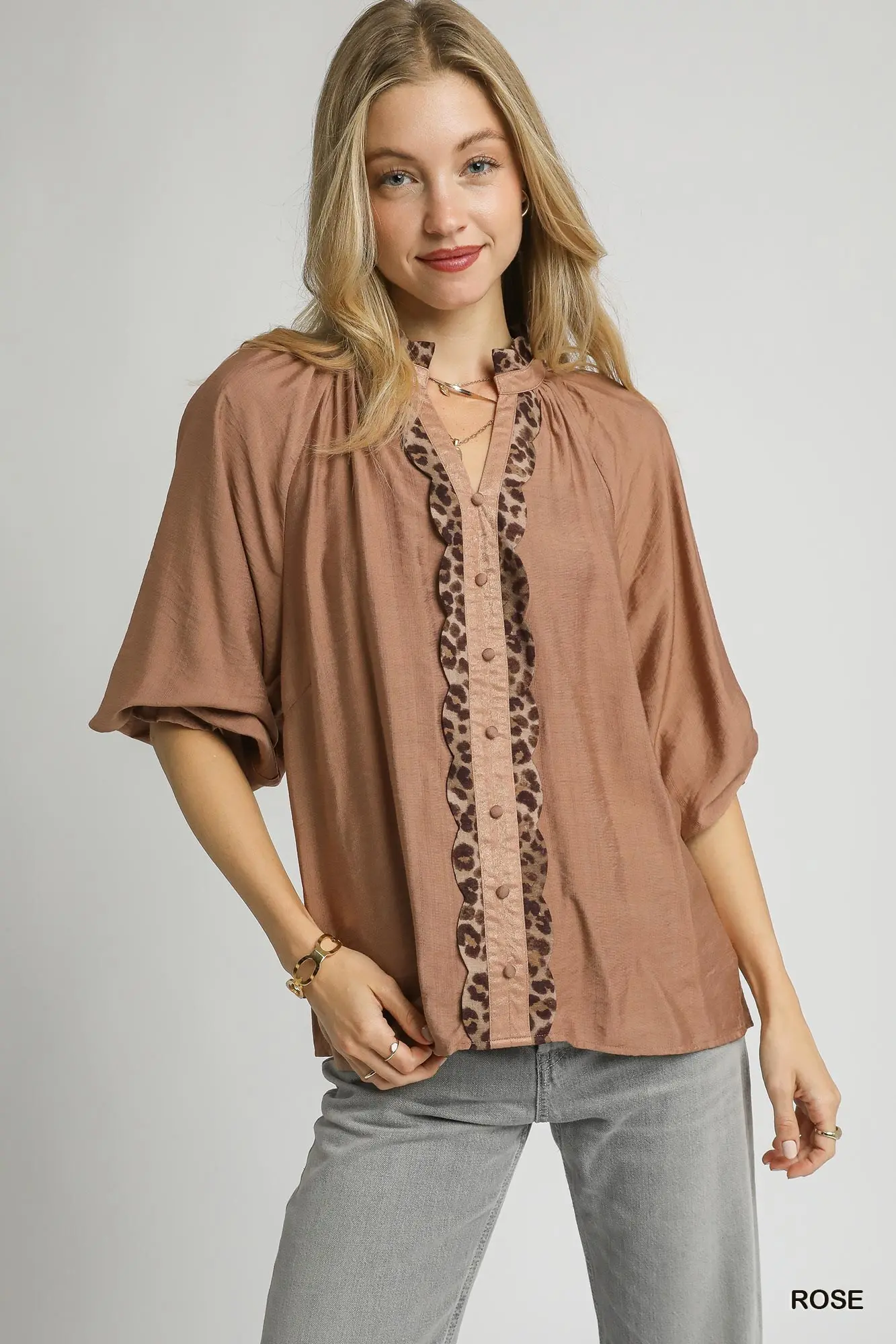 Rose Button Front Top w/ Leopard Trim