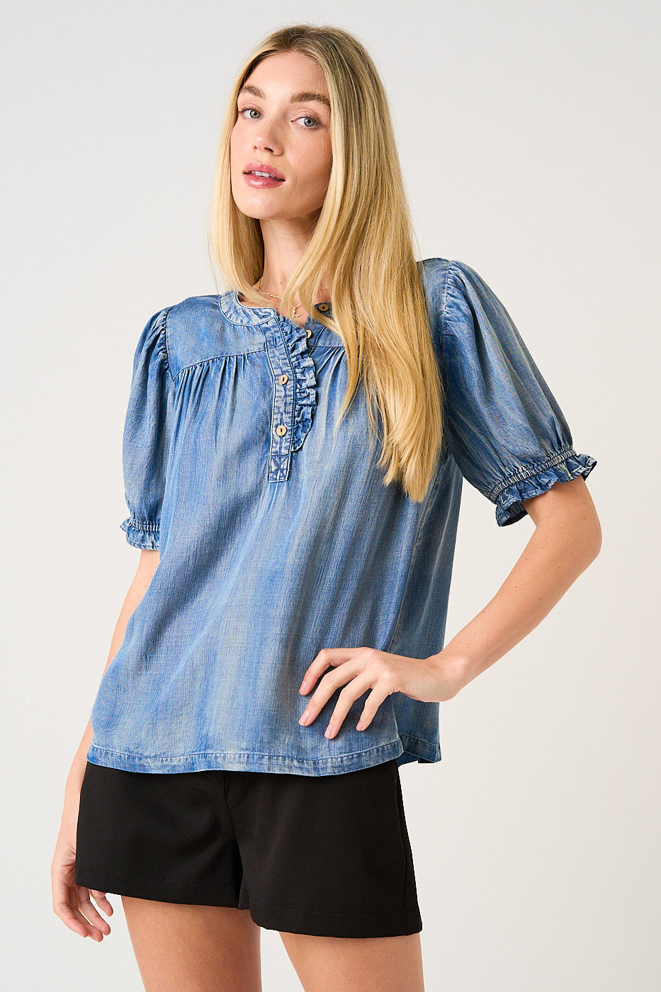 Washed Tencel Chambray Ruffle Puff Sleeve Top