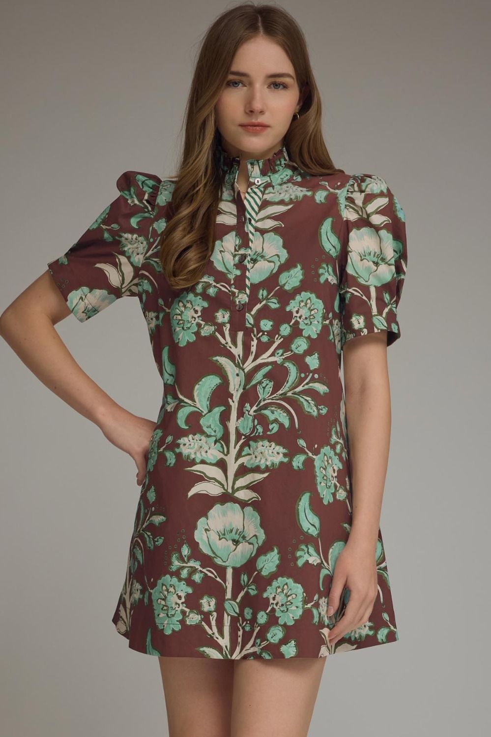Vintage Floral Ruffle Neck Mini Dress