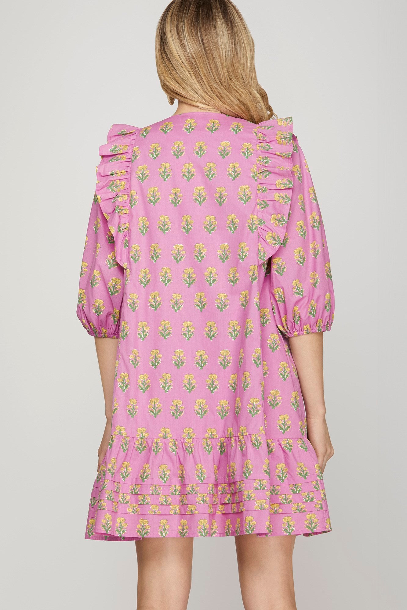 PInk & Yellow Daisy Pintuck Mini Dress