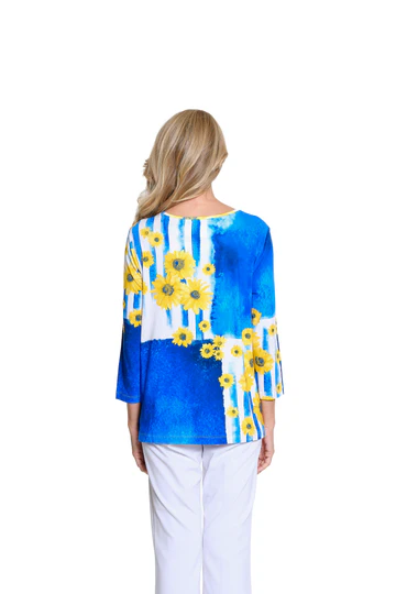 Blue, White & Yellow Sunflowers Knit Top by Multiples