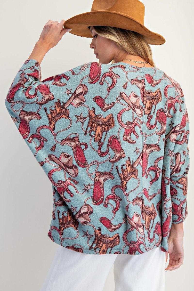 Dusty Blue Western Print Dolman Sleeve Cozy Top