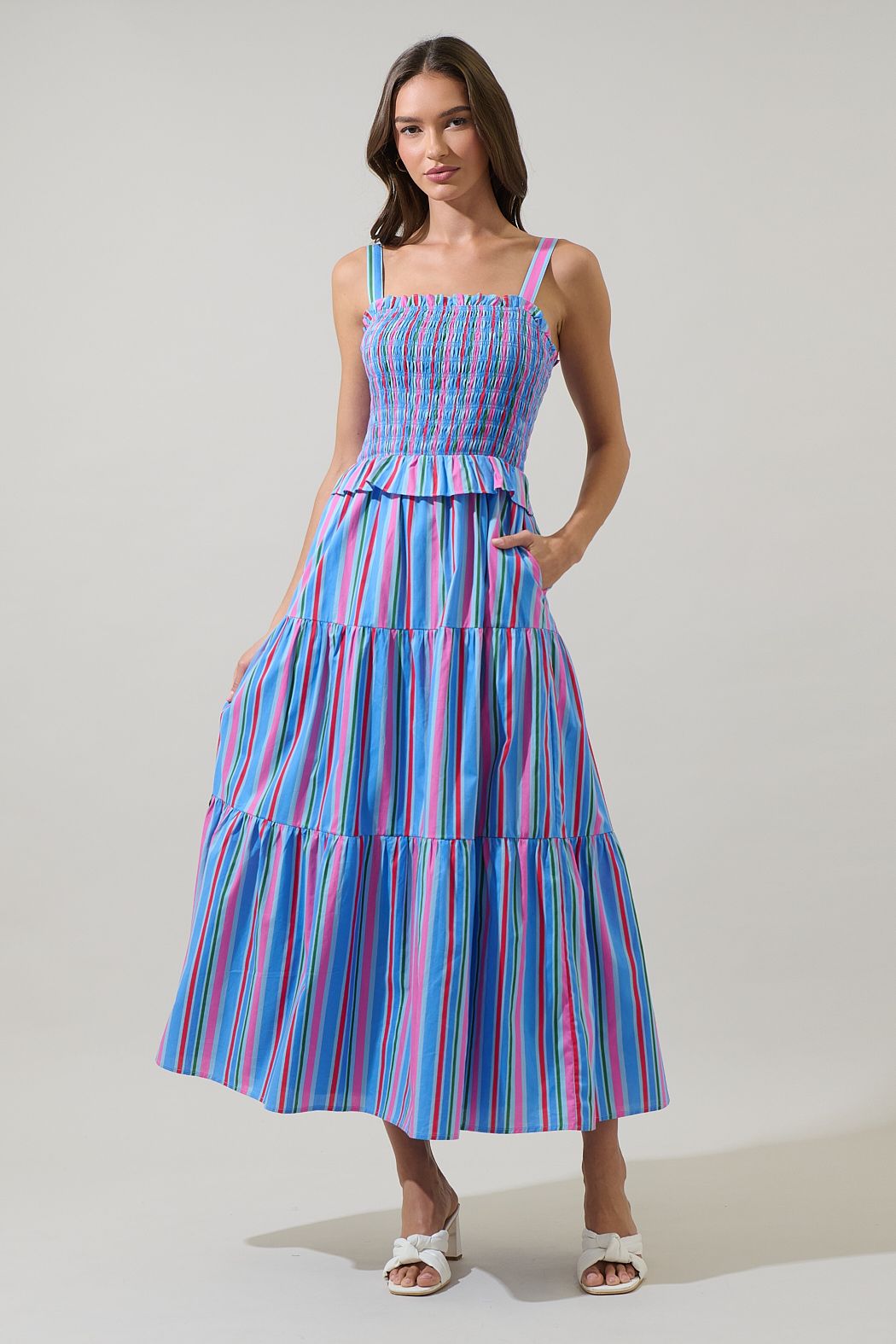 Blue/Pink/Green Stripes Smocked Maxi Dress
