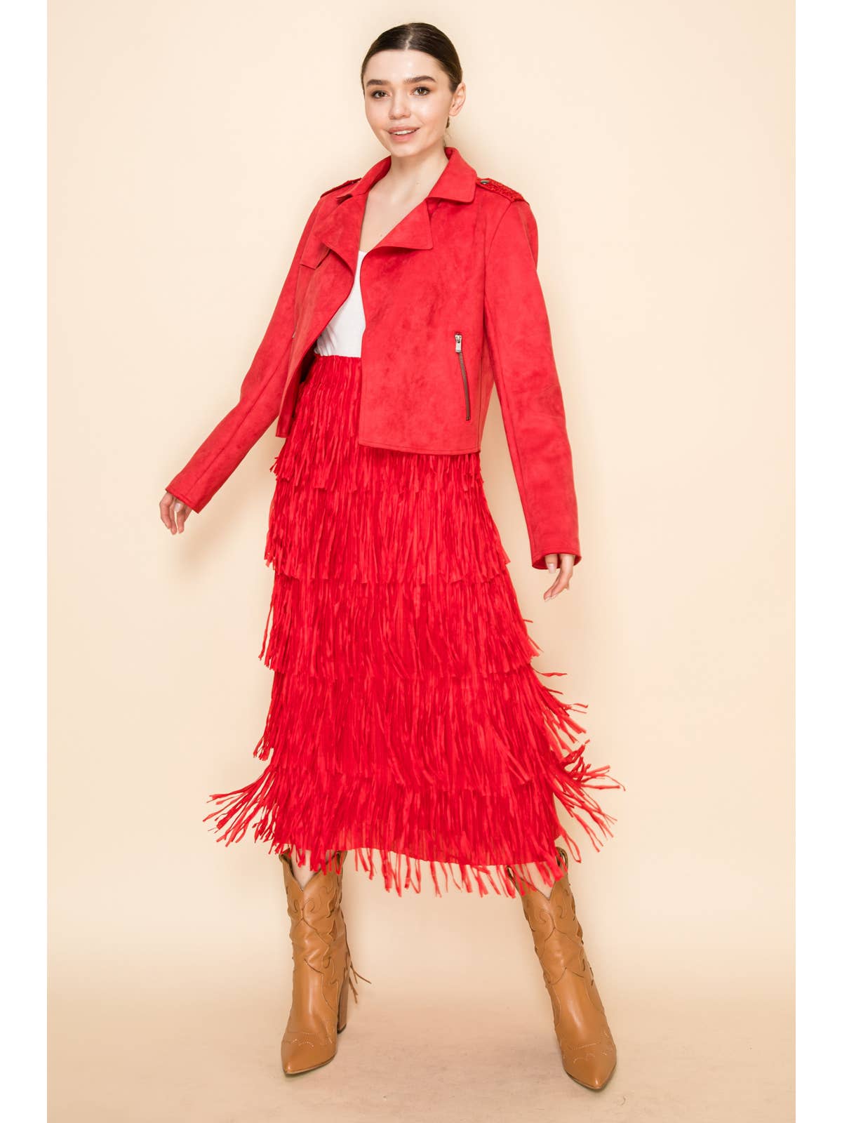 Red All Over Fringe Skirt