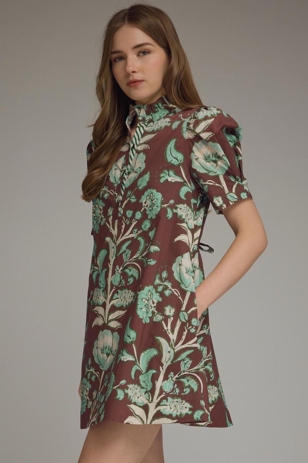 Vintage Floral Ruffle Neck Mini Dress