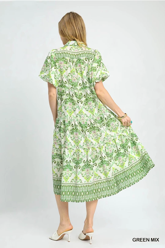 Green Mix Boho Tiered Midi Dress