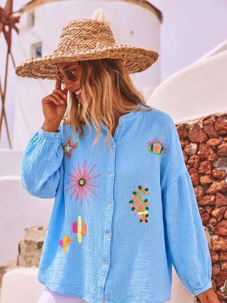 Sky Blue Cotton Gauze Embroidered One Size Shirt