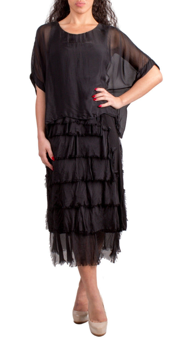 Siena Scoop Neck Maxi Dress – Italian Silk with Layered Ruffles Black