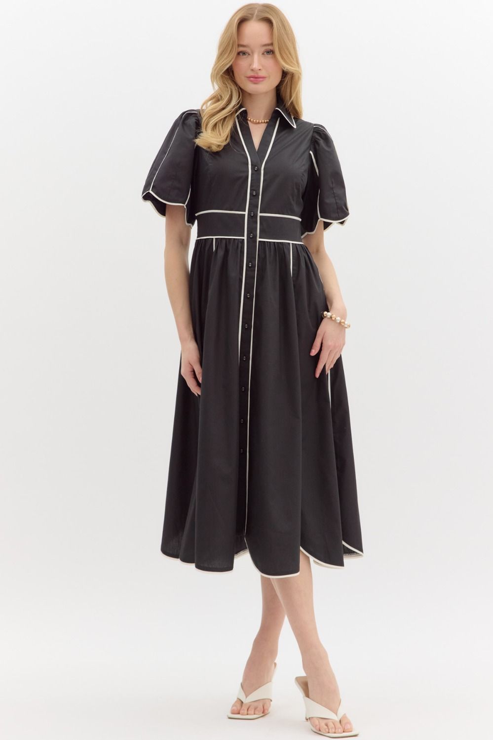 Black w/ White Contrast Trim Midi Dress