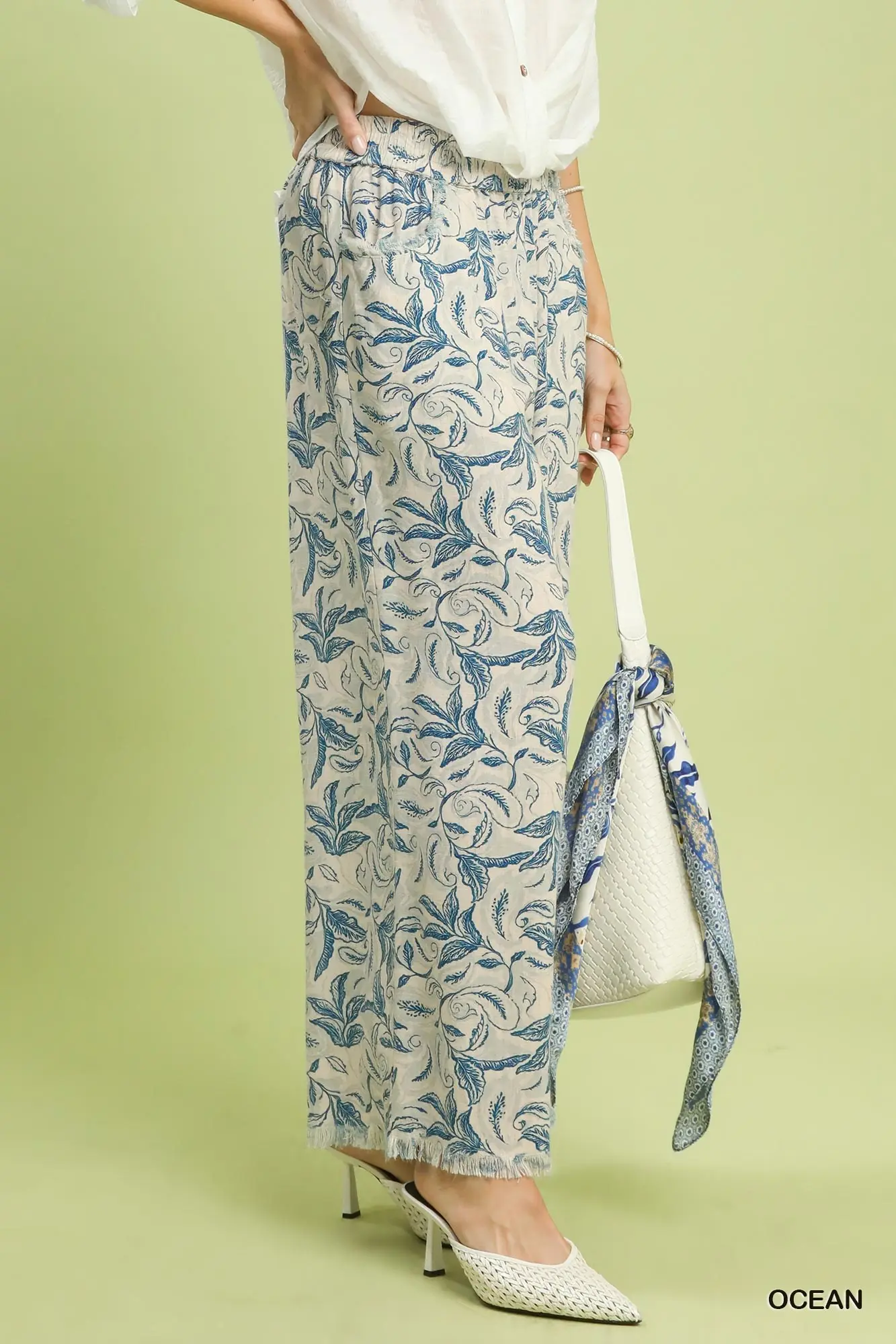 Ocean Blue Botanical Linen/Blend Wide Leg Pants