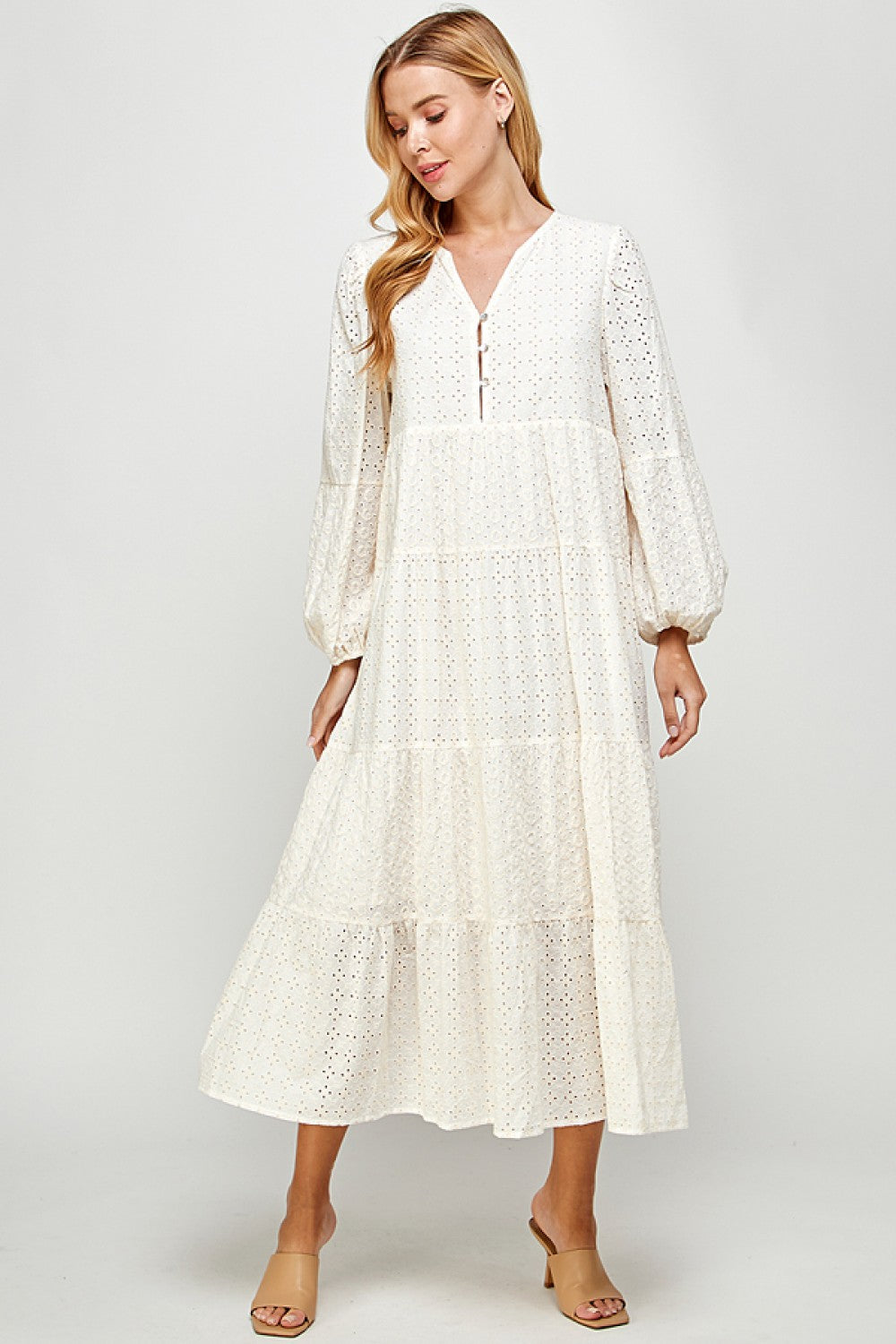 Cream Eyelet Lace Tiered Midi Dress