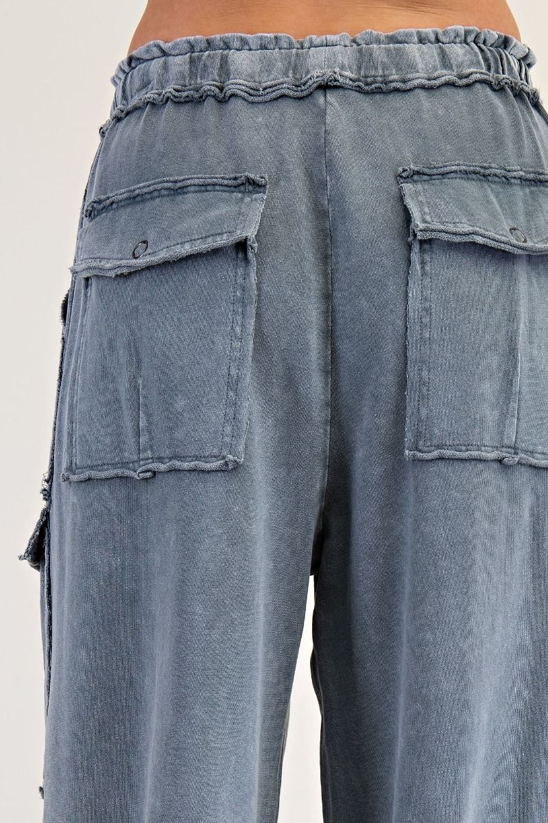 Washed Denim Wide Leg Terry Cargo Sweatpants