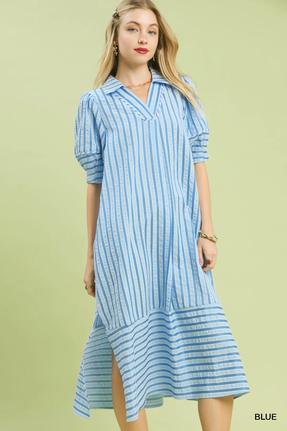 Blue Striped Puff Sleeve Midi Dress