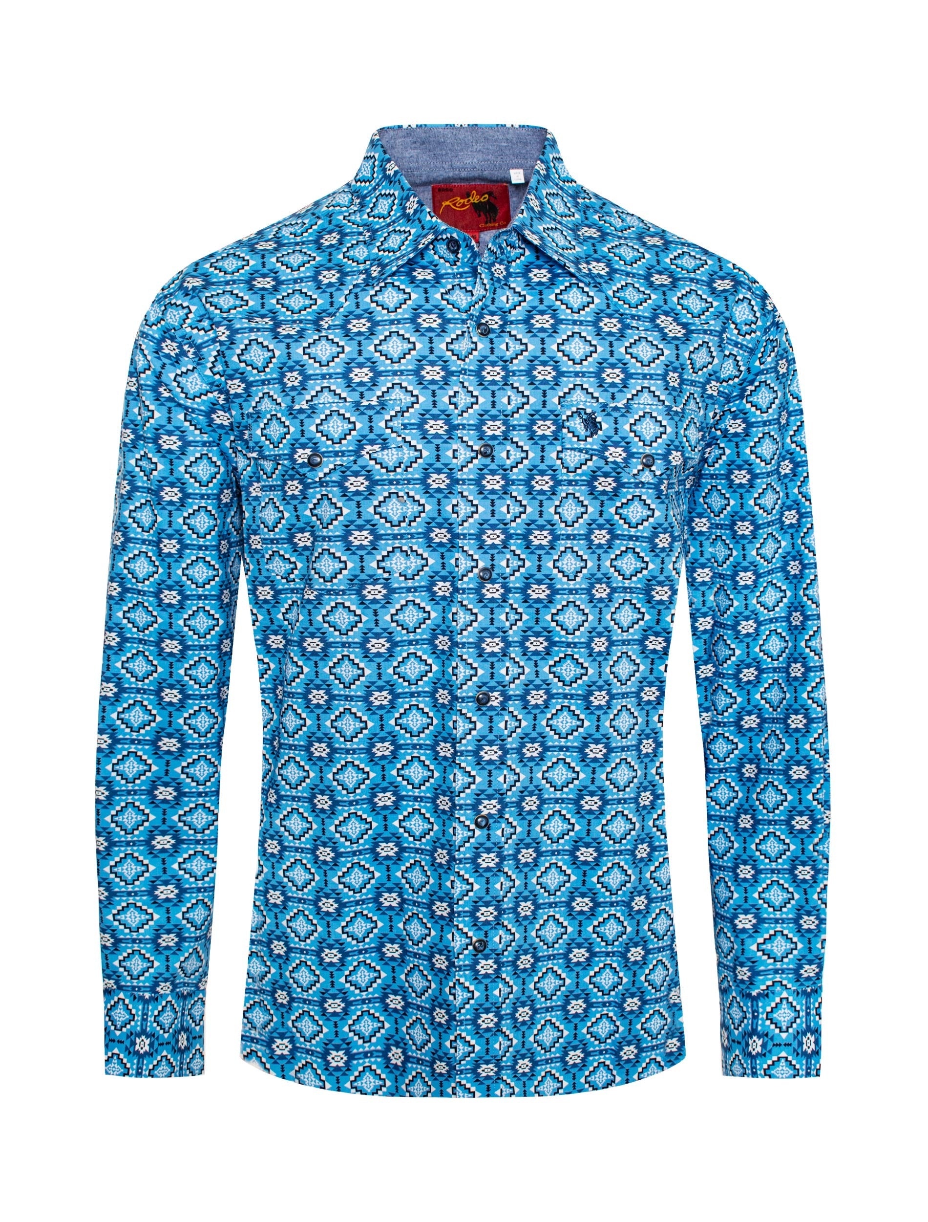 SHADES OF BLUE TRIBAL PRINT WESTERN SHIRT