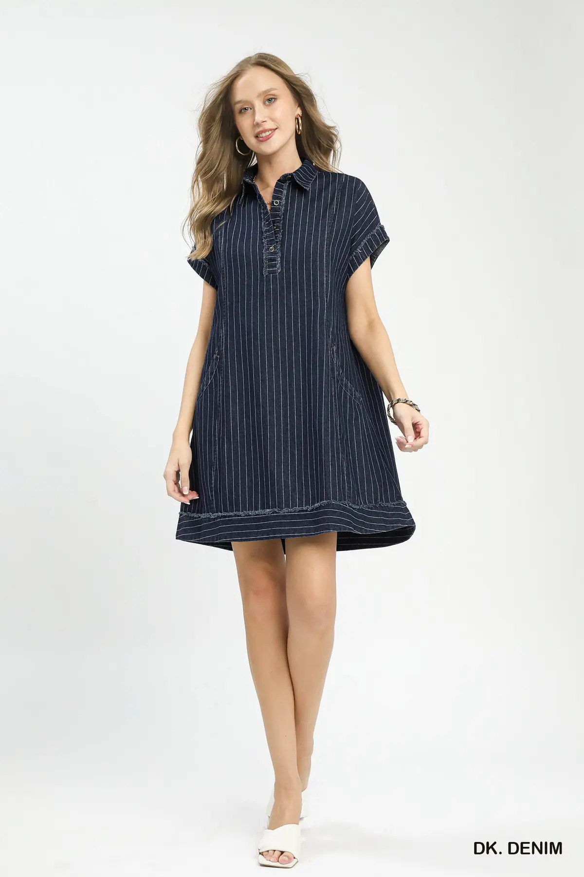 Dark Denim Pinstripe Polo Collar Mini Dress