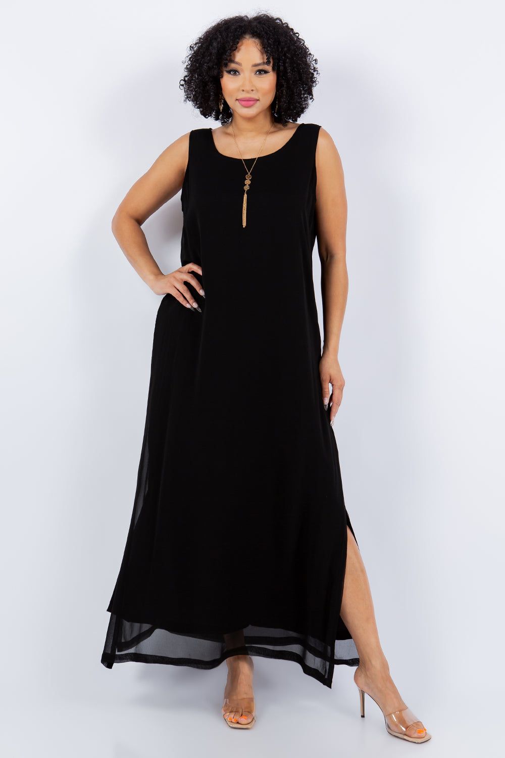 Solid Black Rayon Georgette Tank Dress