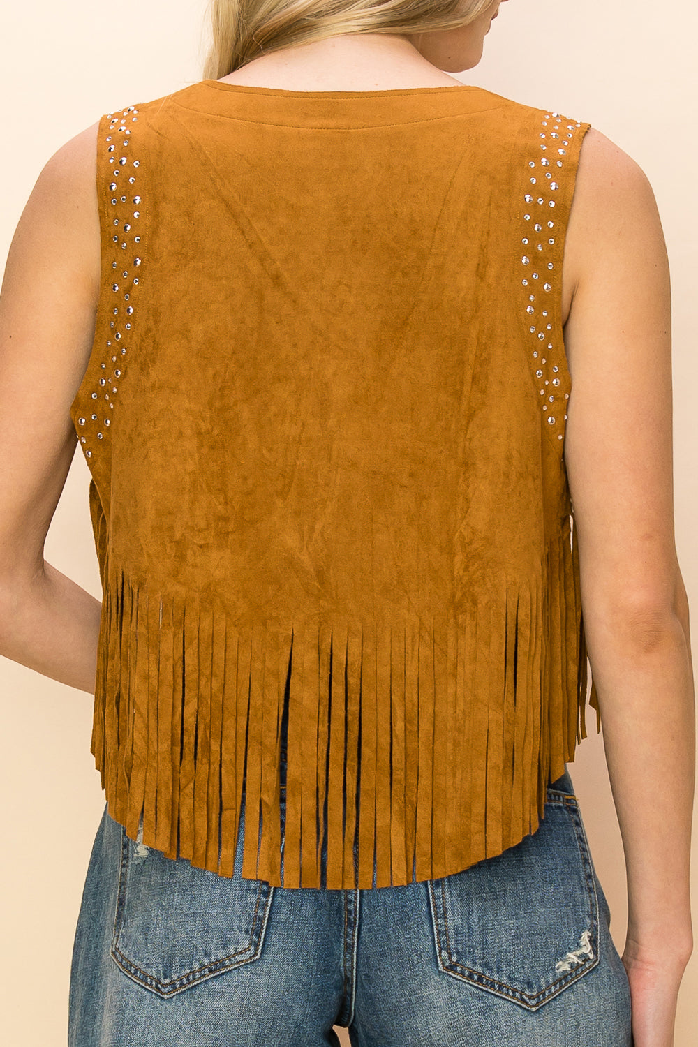Camel Faux Suede Vest w/ Fringe & Rhinestones