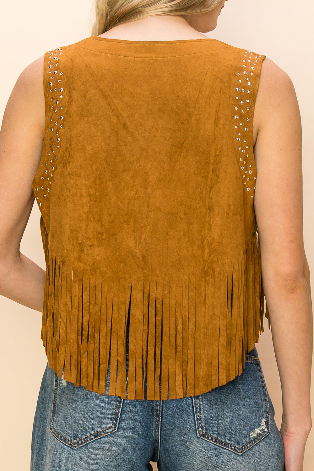 Camel Faux Suede Vest w/ Fringe & Rhinestones