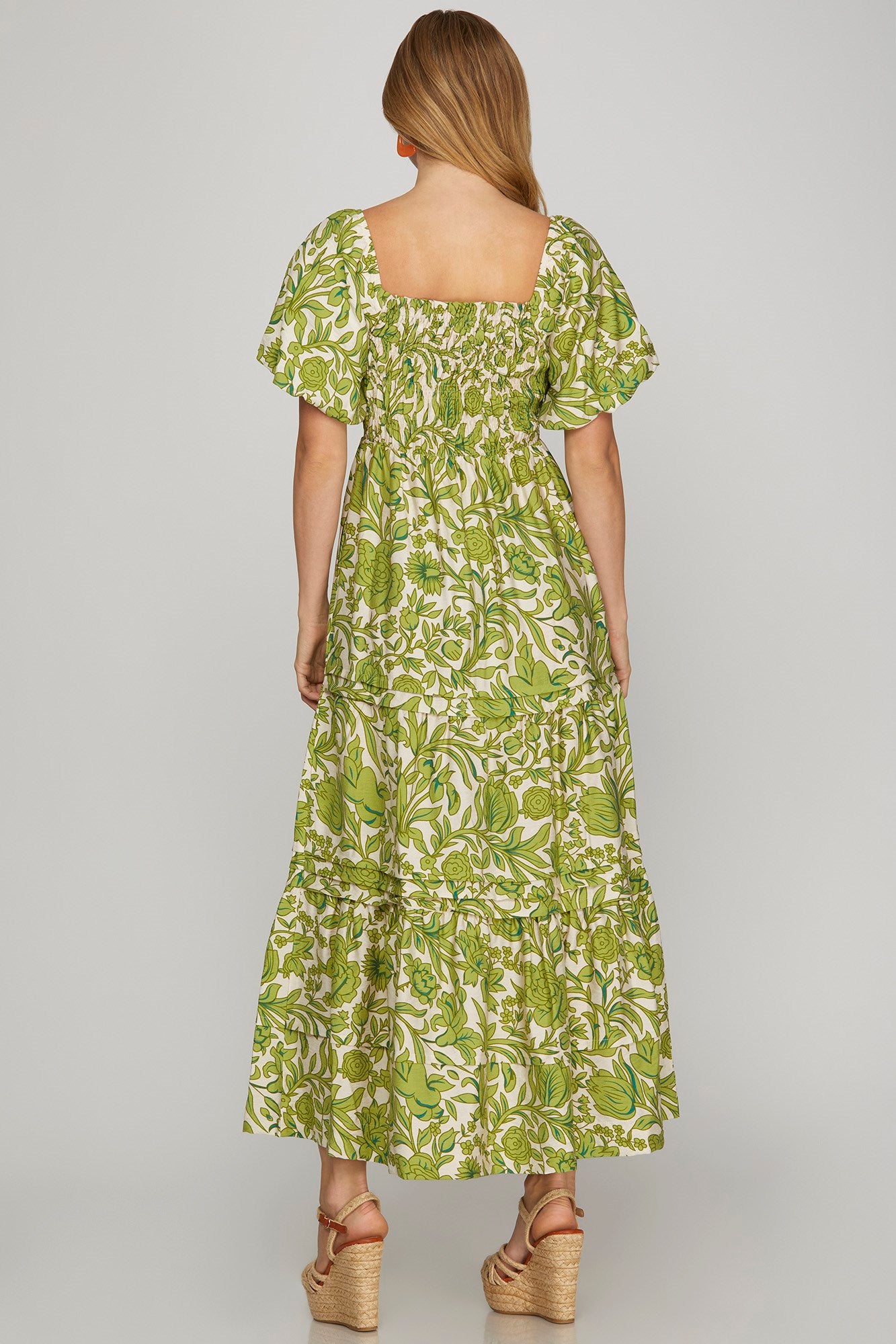 Lime Green Floral Smocked Puff Sleeve Maxi Dress