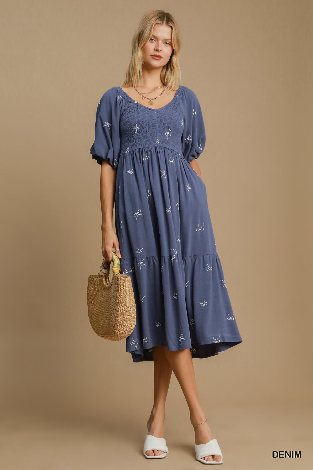 Blue Linen Blend Tiered Ribbon Embroidered Dress
