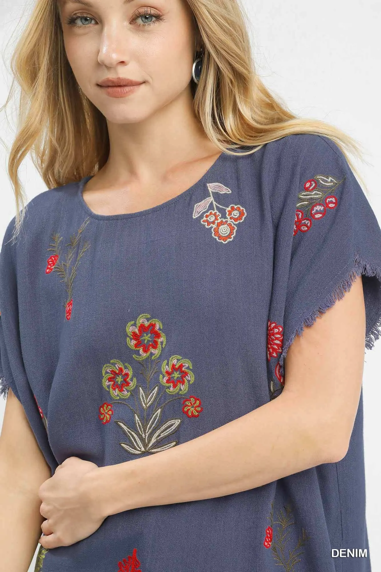 Denim Blue Linen Blend Embroidered Frayed Hem Top