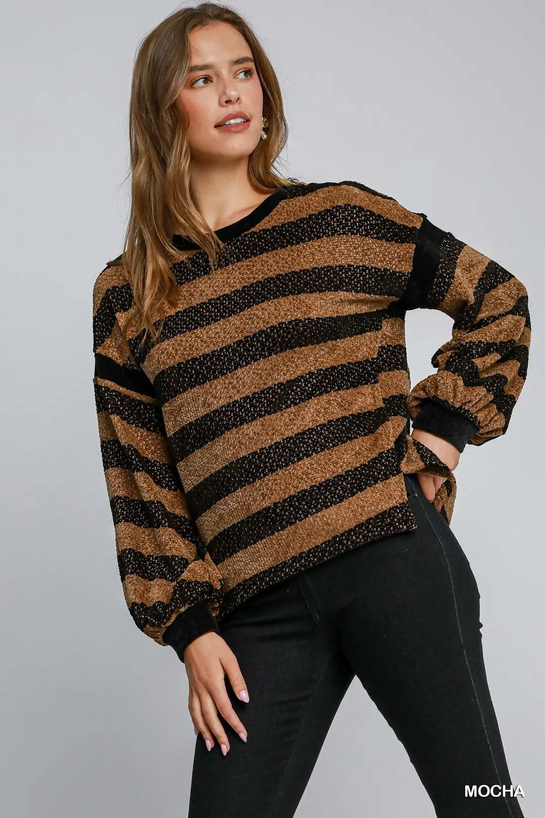 Warm & Cozy Black & Mocha Striped Knit Top