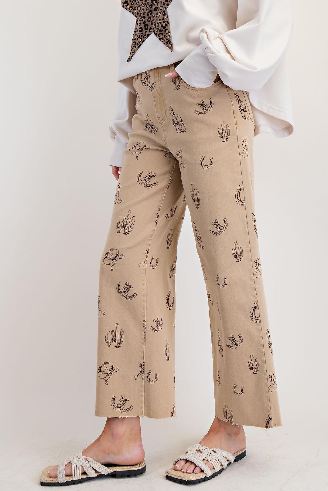 Khaki Western Printed Washed Twill Pants