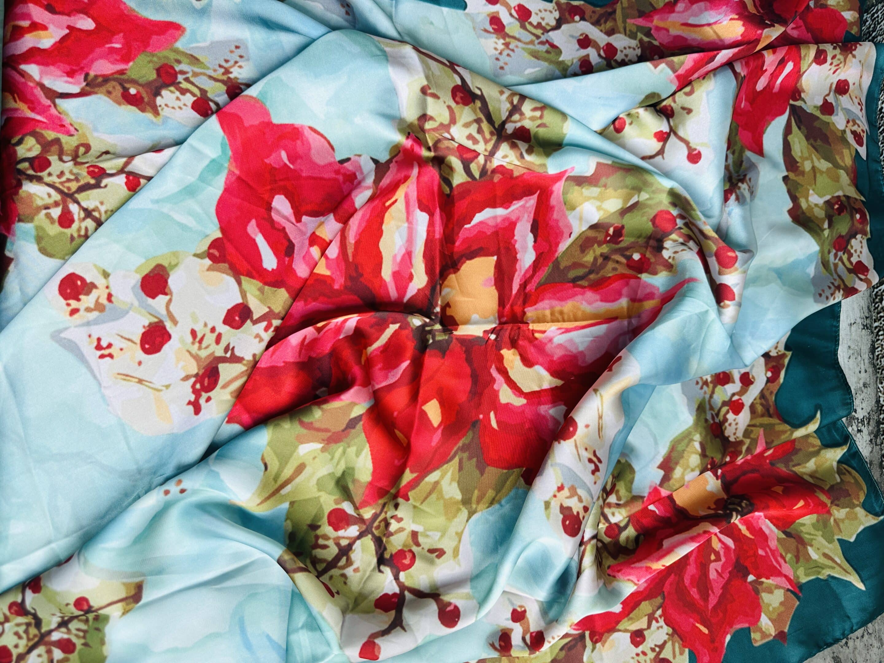 Poinsettia on Shades of Turquoise Silk Wild Rag