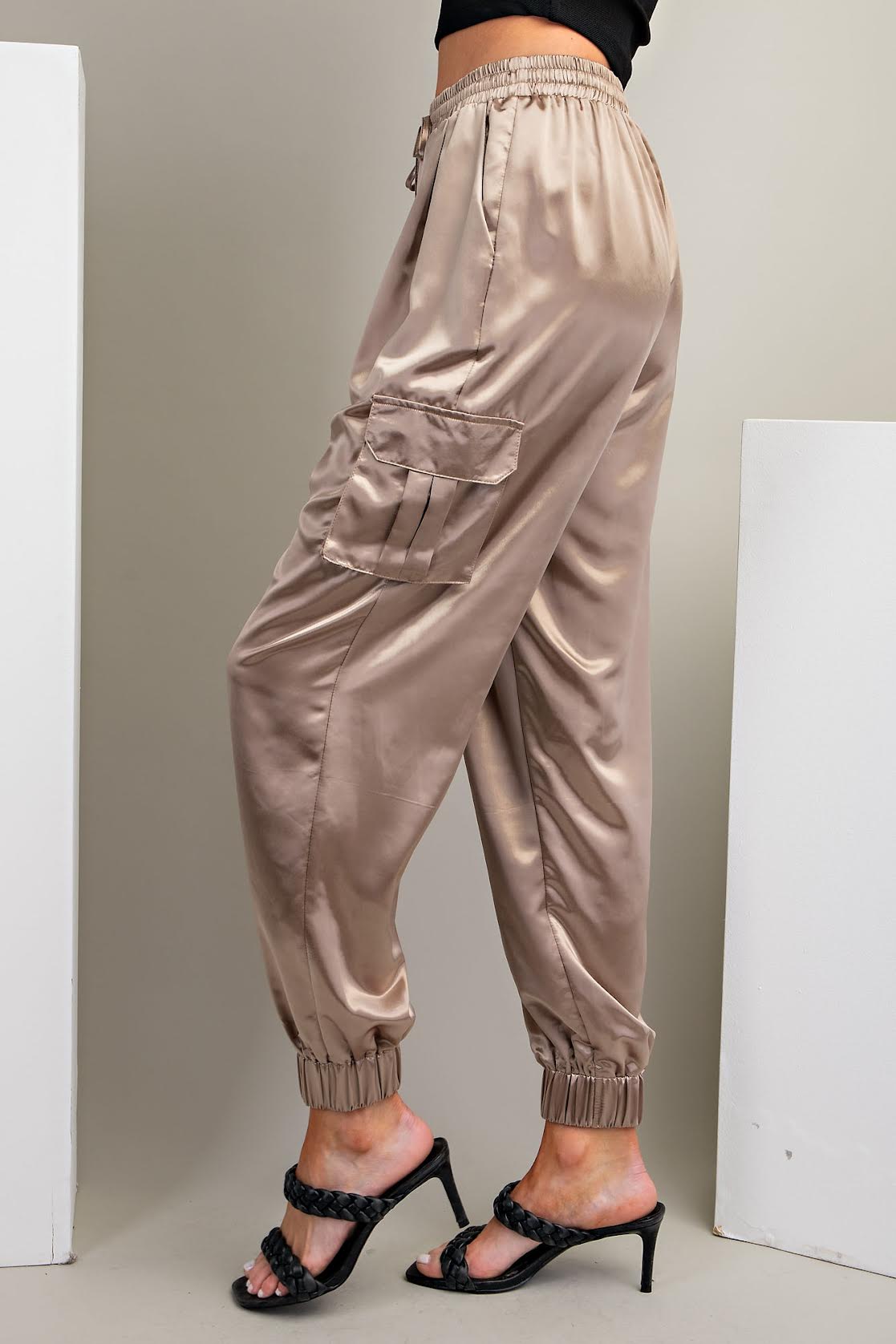 Taupe Satin Cargo Jogger Pants