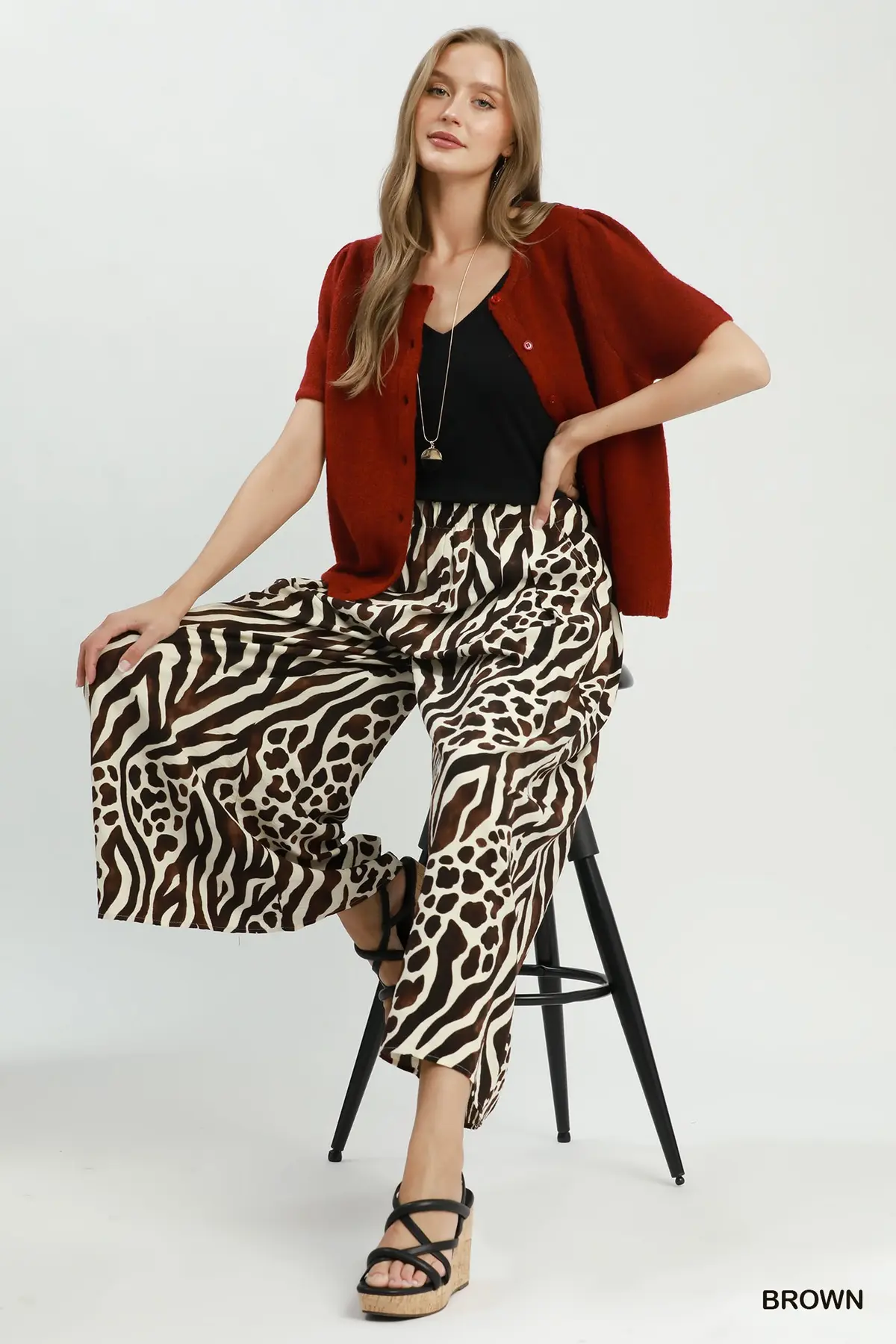 Wild Instinct Mixed Animal Print Wide Leg Pants 🐆🤎