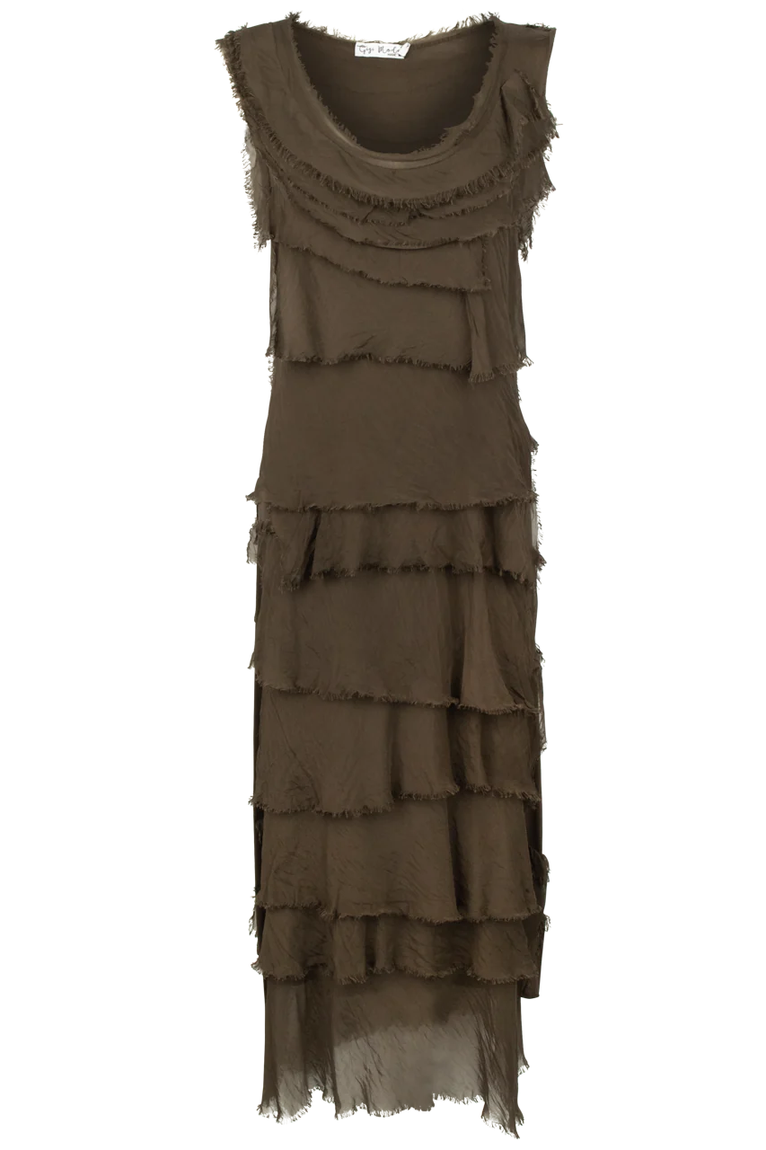 Chocolate Silk Ankle Length Ruffle Dress