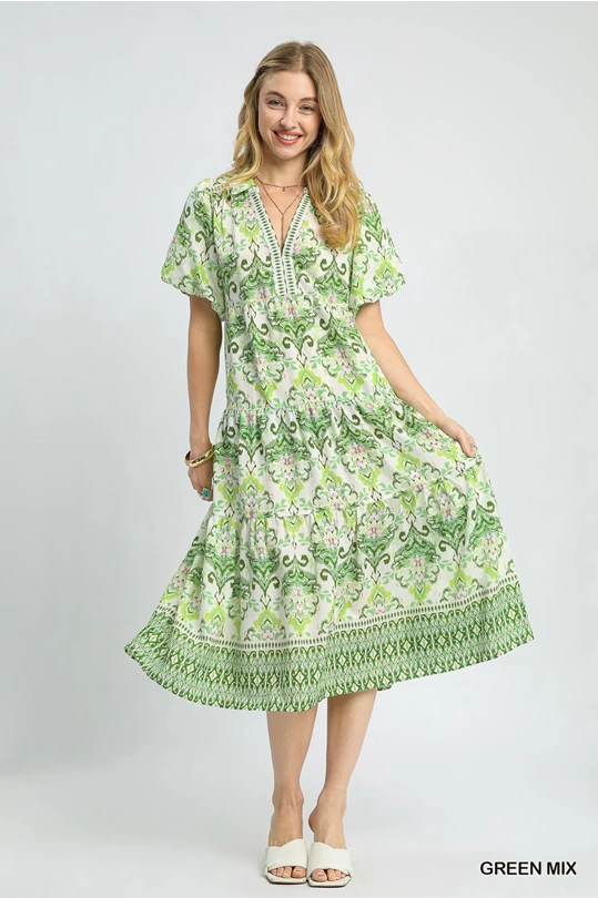 Green Mix Boho Tiered Midi Dress