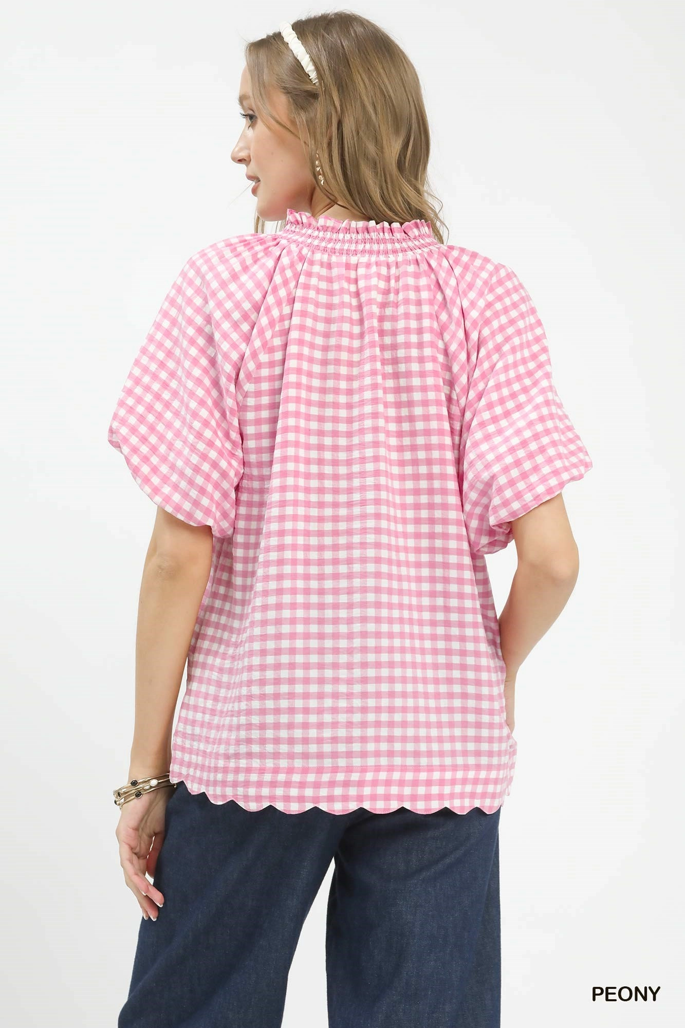Pink & White Gingham Puffed Sleeve Top