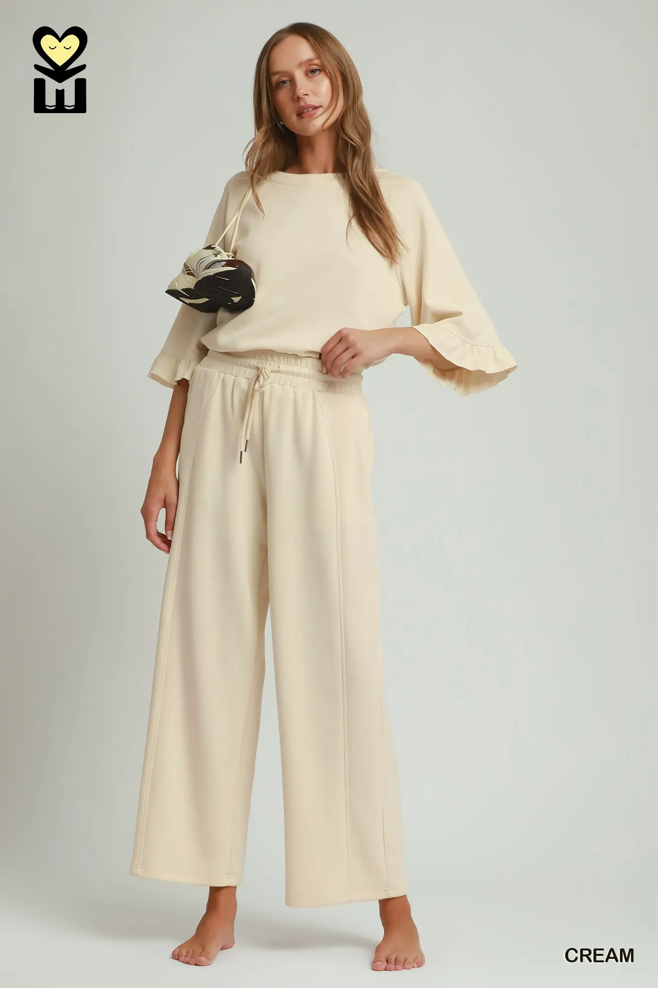 Cream LuxeKnit Ruffle Sleeve Top & Wide Leg Pants Set