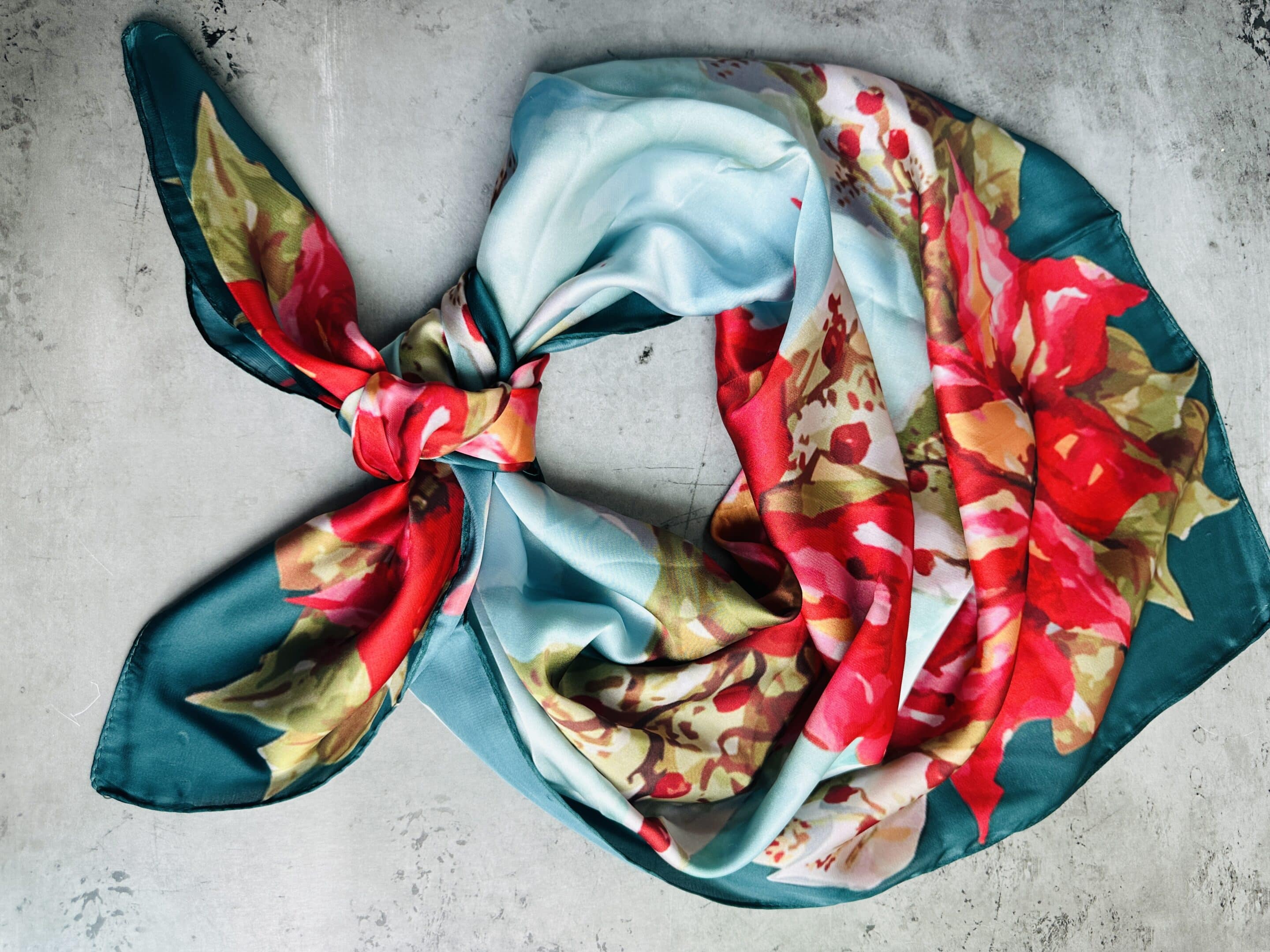 Poinsettia on Shades of Turquoise Silk Wild Rag