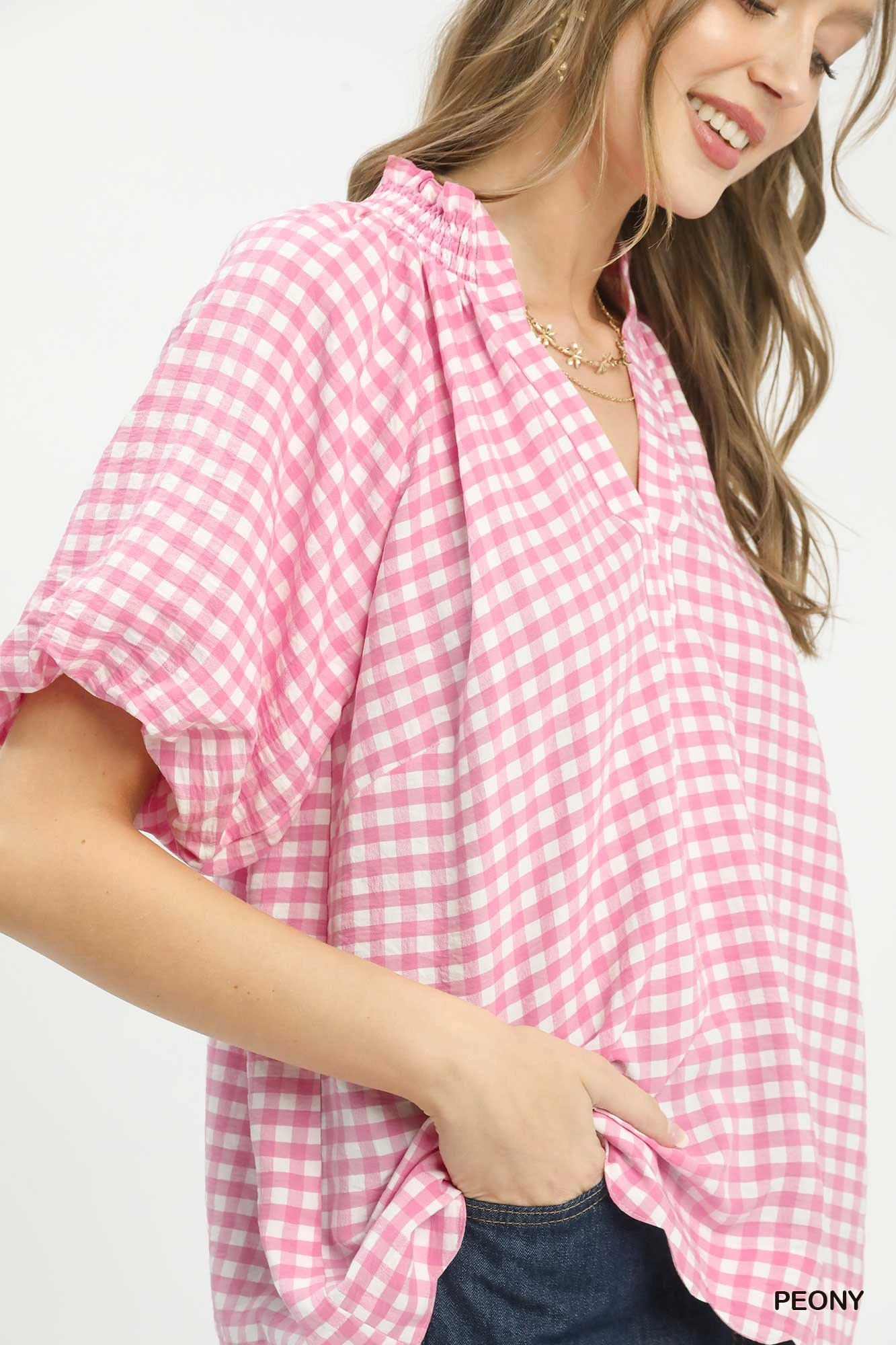 Pink & White Gingham Puffed Sleeve Top