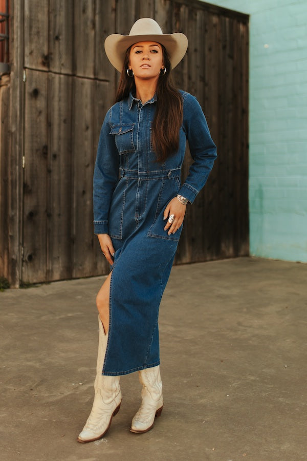 Denim Maxi Dress w/ Front Slit & Pockets