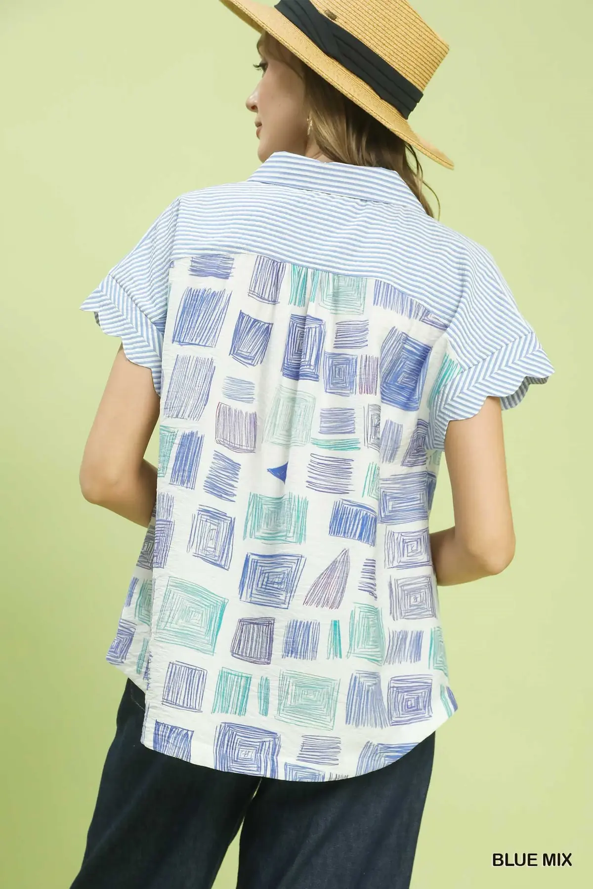 Blue Mix Geometric Contrast Button Top