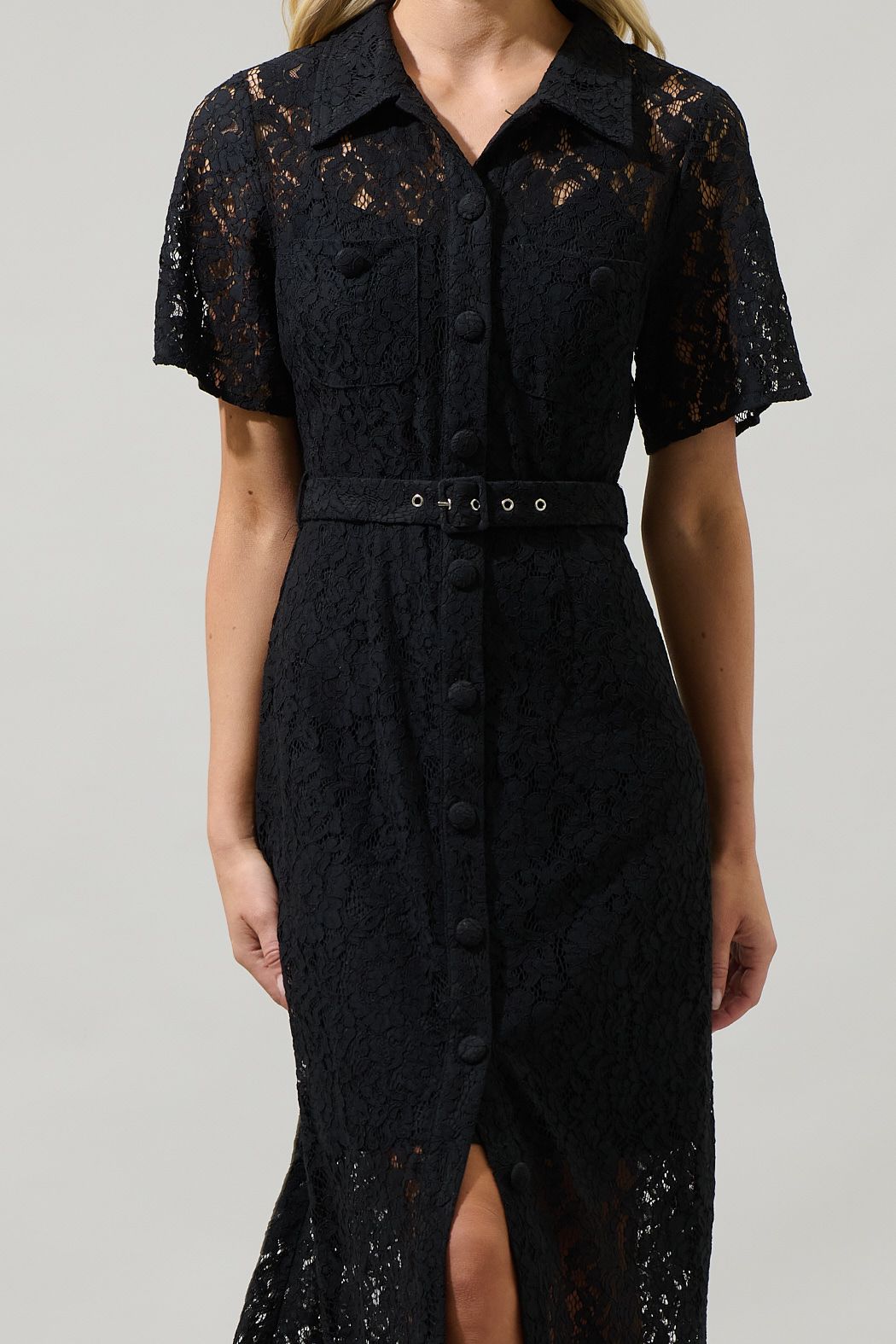 Black Lace Button-Up Midi Dress