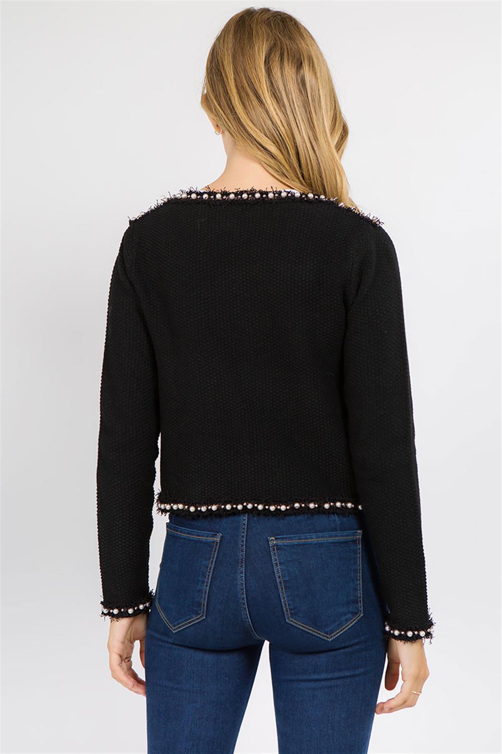 Josette Frayed Pearl Trim Knit Jacket