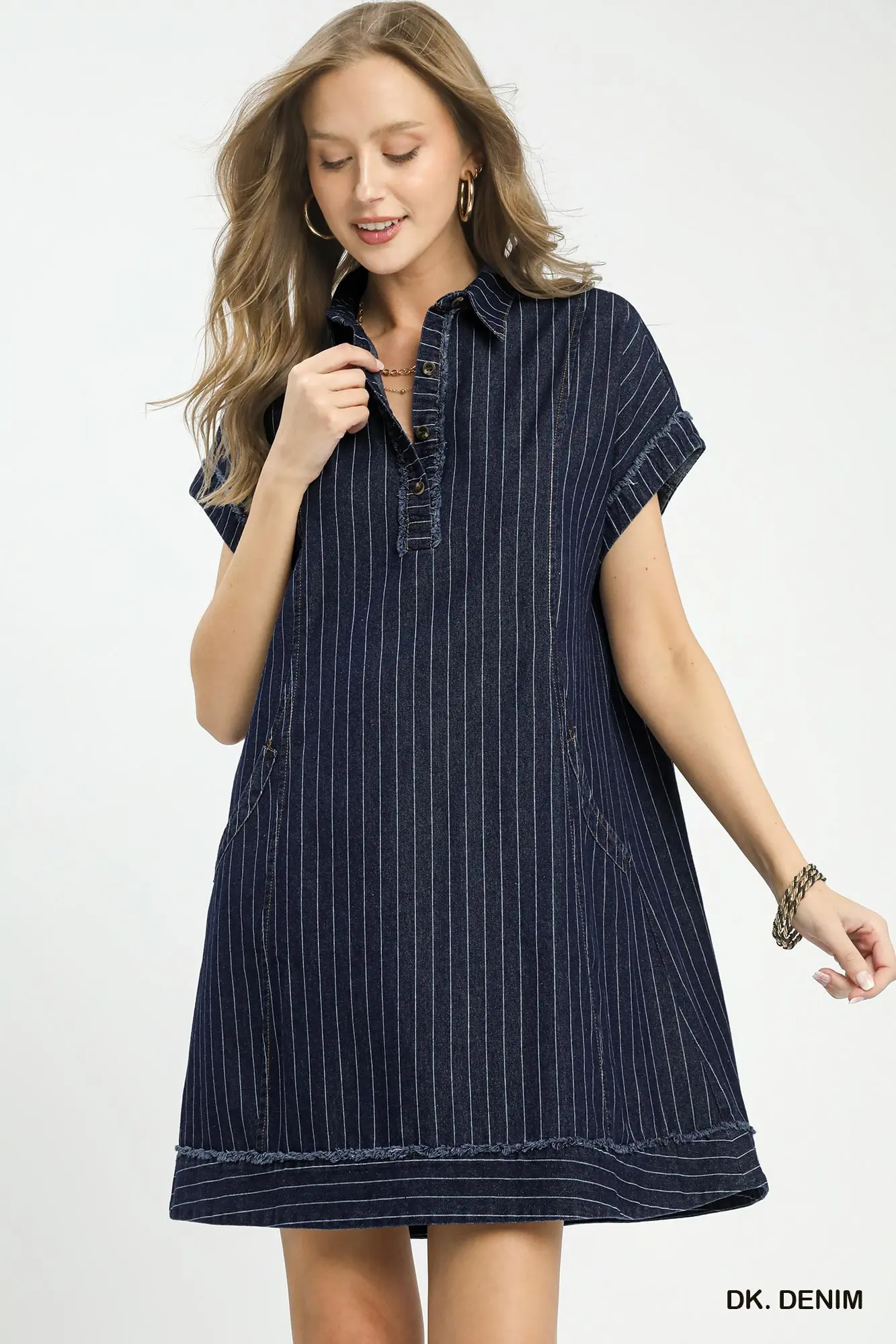 Dark Denim Pinstripe Polo Collar Mini Dress