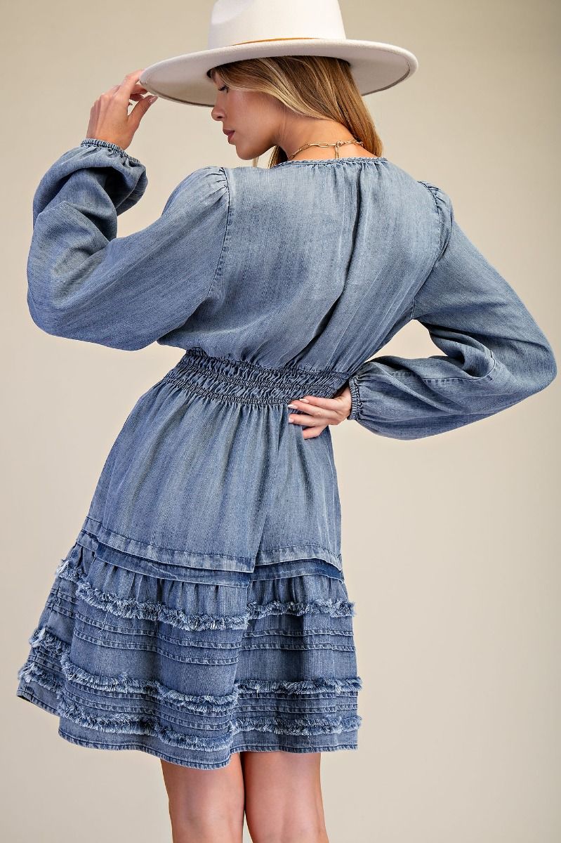 Fray Ruffle Bottom Washed Chambray Dress